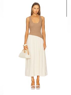 Sovere Sleeveless Knit Bodice Maxi Skirt Dress in Taupe and Cream